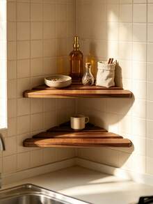 2Pcs Wooden Floating Corner Wall Shelves Rustic Wood Kitchen Storage Organizer Wall Mounted Display Rack For Pantry Bathroom Dining Room Space‑Saving Home Decor - View 8