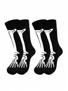 1/2 Pairs Unisex Mid-Calf Socks, Halloween Black Skull Ghost Paw Print, Moisture-Wicking, Fashion Party, Autumn/Winter Wear - Black - View 9