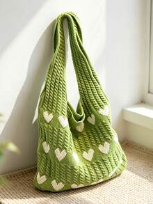 Heart Jacquard Knit Woven Accessory Large Capacity Open Top Closure Storage Bag, Suitable For Daily Commute, School, Shopping, Travel, Leisure, Multi-Use Handheld And Shoulder Bag - Green - View 5