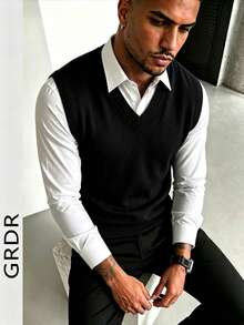 GRDR Men's Solid Color V-Neck Casual Versatile Knitted Vest - Black - View 4
