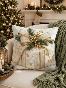Christmas Table Runner, Throw Pillow, Placemat, Vintage Gold Star Gift Box Bow Pine Branch Berry Print, Kitchen Dining Room Holiday Tabletop Decor - Multicolor - View 7