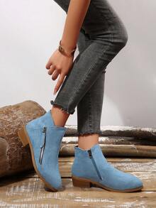 Women's Ankle Boots Pointed Toe Mid-Heel Chunky Heel Double Zipper Boots For Autumn, Suitable For Holidays And Vacations - Blue - View 7