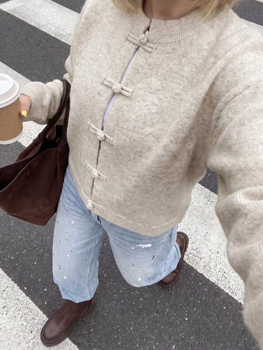 Chinese Knot Button Fashion Women's Long Sleeve Knit Cardigan Sweater, Short Round Neck Tie Design, Suitable For Autumn Fall - Mottled White - View 1