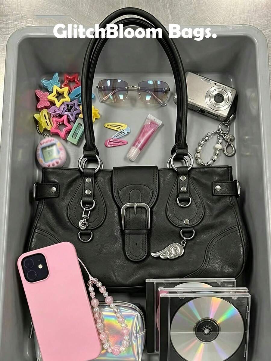 Y2K Punk Style Large Capacity Shoulder Bag, Rivet And Buckle Decorated Faux Leather Handbag, Gothic Street Style Tote Bag For Women (Accessories Or Stickers Not Included)