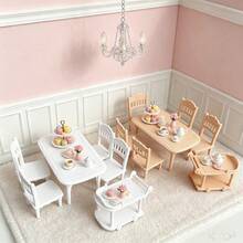 6pcs 1:12 Dollhouse Mini Model Scene Miniature Accessories Props Plastic Dining Cart Table Chairs Mini Micro Decor Home Decoration Fake Dining Table Dining Chairs Push Cart Set (White, Faux Wood Color) - 1 Table + 4 Chairs + 1 Trolley (6pcs) - View 10