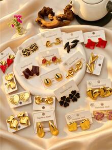 4/8/16/24pcs Color Enamel Gold Stainless Steel Heart Stud Earrings, Statement Earrings For Women, For Women - Multicolor - View 1
