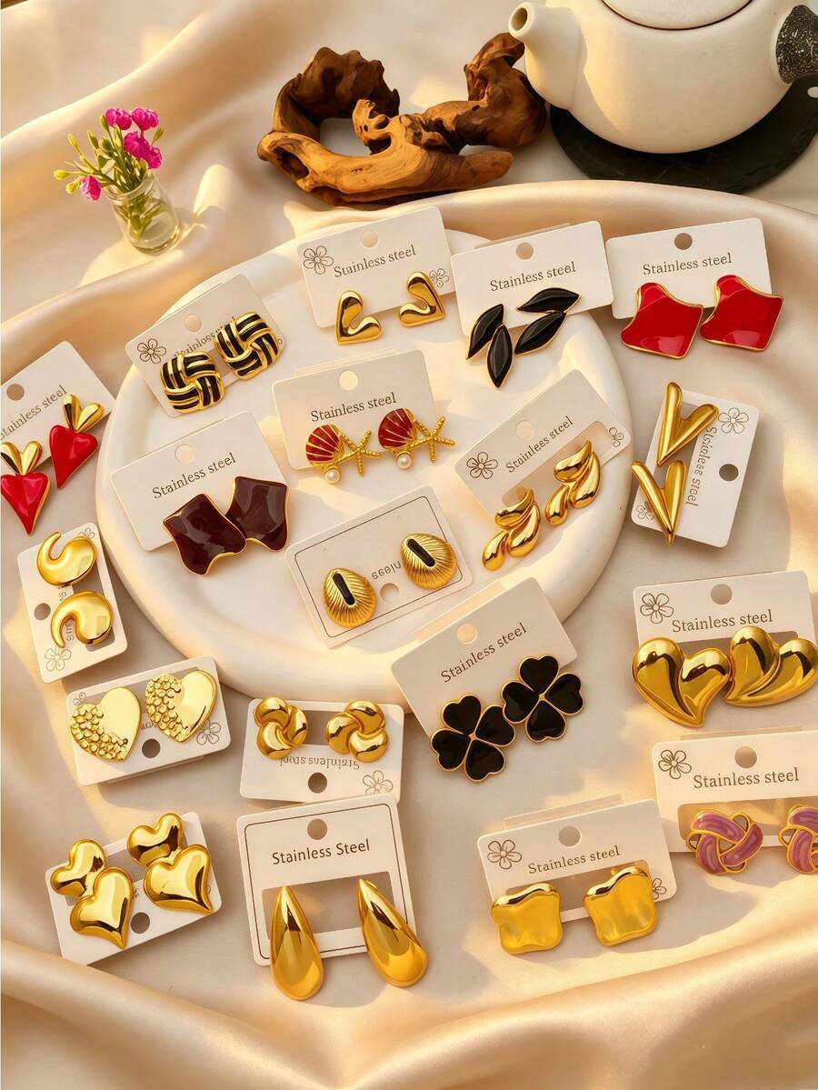 4/8/16/24pcs Color Enamel Gold Stainless Steel Heart Stud Earrings, Statement Earrings For Women, For Women - Multicolor - View 1