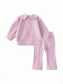mini bala Autumn Winter Baby Girls Outfit Set Soft Corduroy Collar Top Flared Pants Sweet Daily Matching Look - Pink - View 2