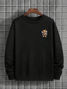 Men's Y2K Cartoon Graffiti Style Bear Graphic Print Crew Neck Sweatshirt, Casual Loose Long Sleeve Pullover Top, Autumn/Winter - Black - View 2