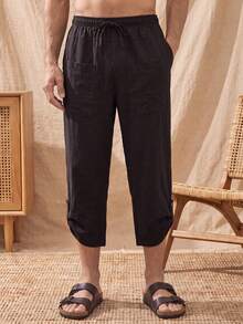 glestore Men's Retro-Style 100% Cotton Solid-Color Drawstring Harem Pants-Versatile For Commuting And Vacations, Perfect For Everyday Wear - Black - View 4