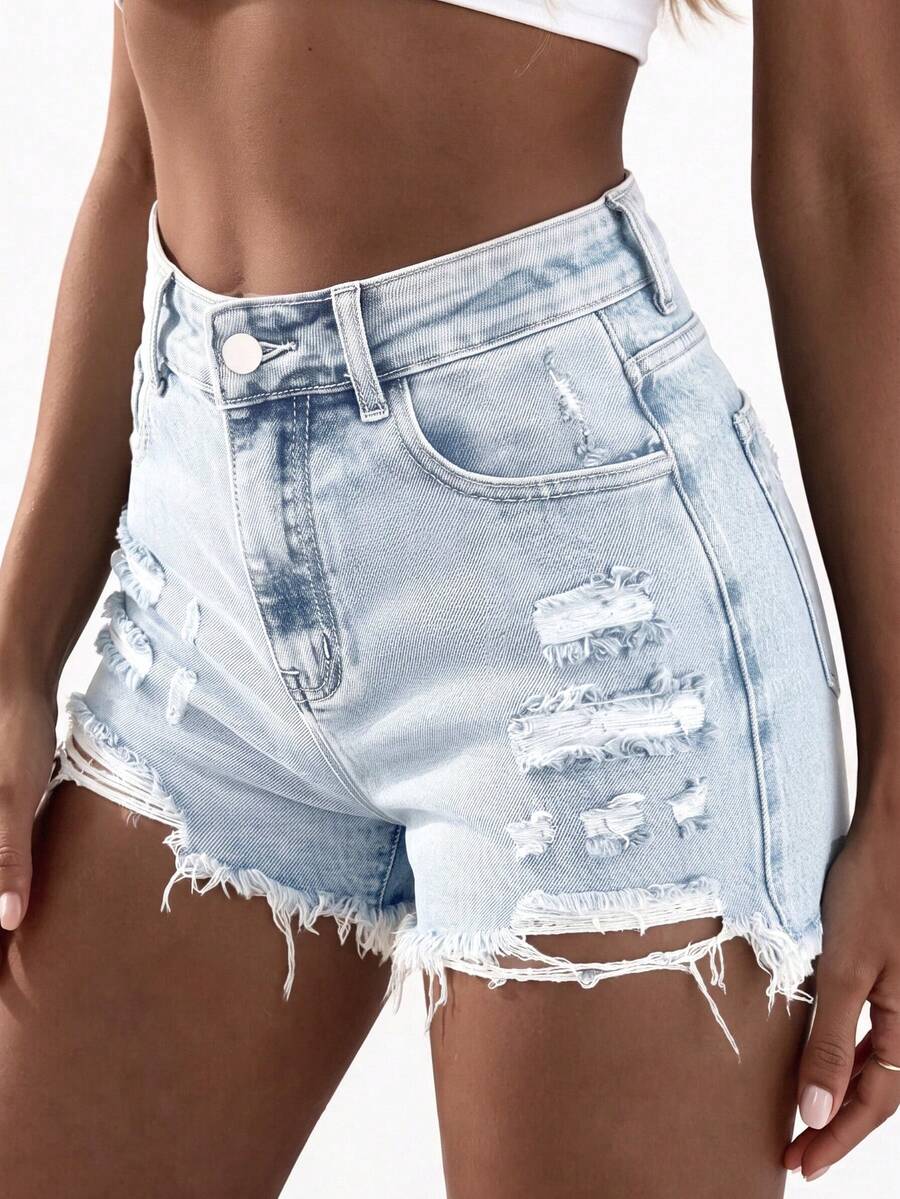 STLY Women's High-Waisted Slightly Stretchy Distressed Classic Vintage Nostalgic Street Style Hot Girl Rebellious Frayed Hem Design Sense Casual - Blue and White - View 1