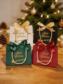 5pcs Luxury Christmas Favor Bags, Festive Mini Paper Gift Packaging With Gold Foil Lettering, Santa Sleigh Design And Matching Bow, Reusable Holiday Bags For Jewelry, Stocking Fillers, Winter Parties And Table Decorations - 14X6X12cm - View 3