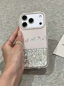 1pc New Korean Ins Style Diamond Pattern Patchwork Pink Hollow Rabbit Glitter Phone Case, Minimalist Premium Design, Anti-Drop Protective Cover Compatible With Apple 17 Pro Max, Apple 16, Apple 15 Pro, Apple 14 Plus, Apple 13, Apple 12 Pro Max, Apple 11, Cartoon Business Unique Style - Pink - View 2