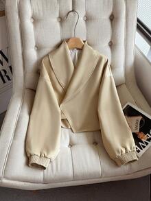 FGGG Solid Color Adjustable Buckle Long Sleeve Wide Collar Loose Short Twill Fabric Khaki Jacket Old Money Style Daily Commute Spring Autumn - Khaki - View 4