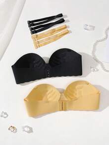 2pcs Solid Color Seamless Strapless Bra, Underwire Padded Convertible Strapless Lingerie - Multicolor - View 2