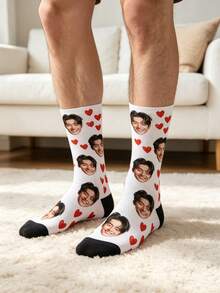 Custom Face Heart Pattern Crew Socks. White Sock Body With Black Toe Caps, Printed With Personalized Portrait Photos And Scattered Red Heart Motifs. - Multicolor - View 2