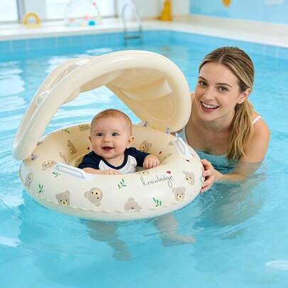 Anillo de natación para bebés con toldo solar desmontable, diseño inflable con estampado de conejo y oso con asas, protección UV para proteger la piel del bebé, estructura flotante adecuada para piscina y playa, estilo lindo y curativo amado por los bebés, relajación y alivio del estrés en juegos acuáticos de ocio, regalo atento para el Día del Niño en verano