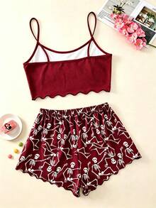 Women's Skull Hand Print Camisole Top And Shorts Pajama Set - Burgundy - View 3