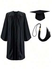 Unisex Graduation Gown Set, Black Bachelor's Robe With Square Graduation Cap And Tassel, Zipper Design, Smooth And Draping Fabric, Suitable For High School And University Graduation Ceremonies, Graduation Portraits, Graduation Theme Party Outfits, Multiple Sizes Available, Student Graduation Photo Clothing, Loose And Comfortable, Neat Craftsmanship, Graduation Ceremony Portraits, Campus Memorial Photography Graduation Set, Halloween - Black - View 12
