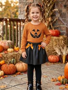 Young Girls Halloween Funny 2pcs Set, Ribbed Knit Orange Ghost Face Embroidered Long Sleeve Sweater With Bow PU Leather Mini Skirt, Fashionable Autumn/Winter - Orange - View 4
