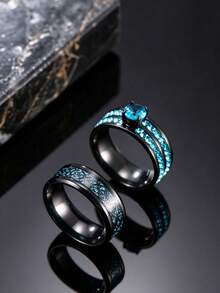 2pcs Fashion Stainless Steel Star Zirconia Open Adjustable Rings, Men's & Women's Birthday Date Outfit Accessories - Black - View 3