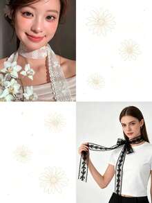2件波西米亞風花卉蕾絲絲巾，真絲圍巾，沙灘圍巾，適用畢業典禮、開學季、慶祝活動、派對、旅行度假 - 黑色+白色 - 查看 4