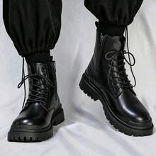 男士新款时尚高帮休闲靴，百搭工作靴，时尚男鞋 - 黑色 - 查看 4