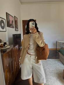 女款麂皮卡其色長袖立領蛇紋鈕扣開襟外套，喇叭下擺，秋冬穿搭必備 - 卡其色 - 查看 7