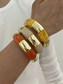 3pcs/1pc Vintage Elegant Casual Bohemian Style Women's CCB Plain Round Bangle And Multicolor Acrylic Elastic Bracelet For Daily Wear, Party, Spring/Summer Beach Vacation And Travel - Colorful - View 6