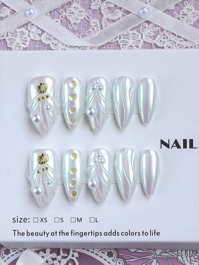 10pcs/Set Handmade Medium Almond Press-On Nails, Y2K Style, Iridescent Aurora Shell Nail Surface, 3D Shell Metal Decor, Pearl Inlay, Cool Fairy Mermaid Style Manicure, Suitable For Date Party Wedding Wear, Comes With Full Set Of Tools, Perfect Gift For Women