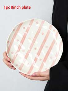 2pcs/1pc Hand Painted Striped & Polka Dot Ceramic Plates Set, Asymmetrical Wavy Rim Dinner Plates, Green Stripe Pink Dot Salad Dessert Serving Dishes, Microwave & Dishwasher , Tableware For Home Kitchen - Multicolor - View 16