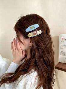 2pcs Girls Cute Cartoon Cat Hair Clips, Plaid Fabric BB Clips, Letter Decor Side Bangs Clips, Sweet Preppy Style Women's Daily Decorative Hair Accessories - Multicolor - View 2