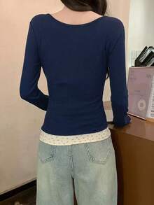Long Sleeve T-Shirt Spring/Autumn New Thin Layering Top 2 In 1 Crew Neck - Navy Blue - View 11