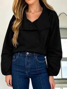 IGKEEL Women's Autumn/Winter Button-Up Blouse, Slimming Professional Elegant Business Style, Black Top Shirt, Elegant Women's Clothing, Women's Autumn Outfit, Suitable For Work/Outing/Holiday - Black - View 4