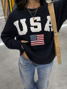 1件女款美國國旗圖案針織毛衣，復古寬鬆套頭衫，適合節日街頭穿搭 - 黑色 - 查看 3