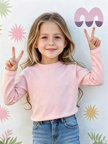 Autumn/Winter Ribbed Cotton Long Sleeve Top For Girls, Casual Sporty College Style - Baby Pink - View 3