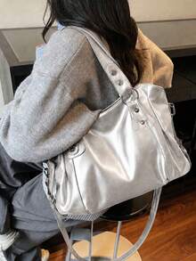 Minimalist Solid Color All-Match Design, Metal Rivet Reinforced Shoulder Strap, Comes With Adjustable Extendable Crossbody Strap. Soft And Relaxed Body, Versatile Style, Can Be Freely Matched With Various Charms, Suitable For Multiple Outfits - Silver - View 7