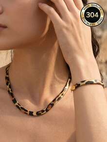 304 Stainless Steel 18K Gold Plated Leopard Print Herringbone Chain Jewelry Set, Flat Snake Choker Necklace Bracelet Fashion Layered Accessories Women - Bracelet + Necklace - View 1