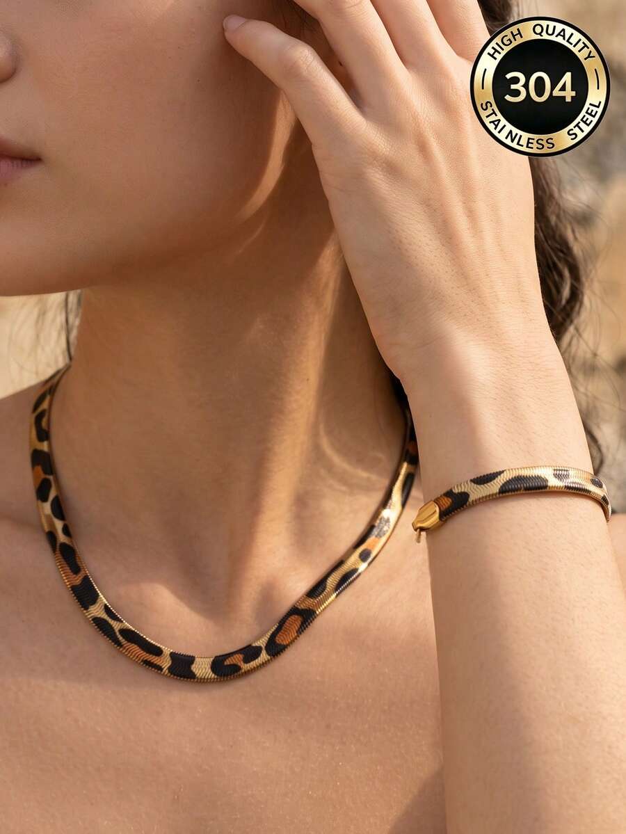 304 Stainless Steel 18K Gold Plated Leopard Print Herringbone Chain Jewelry Set, Flat Snake Choker Necklace Bracelet Fashion Layered Accessories Women - Bracelet + Necklace - View 1