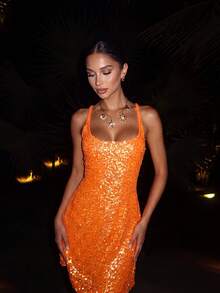 Women's Glamorous Sequin Spaghetti Strap Short Dress, Orange Straight Neckline Mid-Stretch Backless Cinched Waist Flared Skirt, Suitable For Evening Dates, Parties, Music Festivals, Cocktail Events, Homecoming, Birthday Parties, Nightclubs, Bars, Carnivals, Island Vacations, Photo Shoots, New Year's Eve Parties, Theme Dances, Beach - Orange - View 9