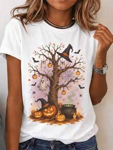 Selamara Women's Palm Tree Pattern Casual Round Neck Short Sleeve T Shirt,Summer Style - 象牙白 - 查看 7