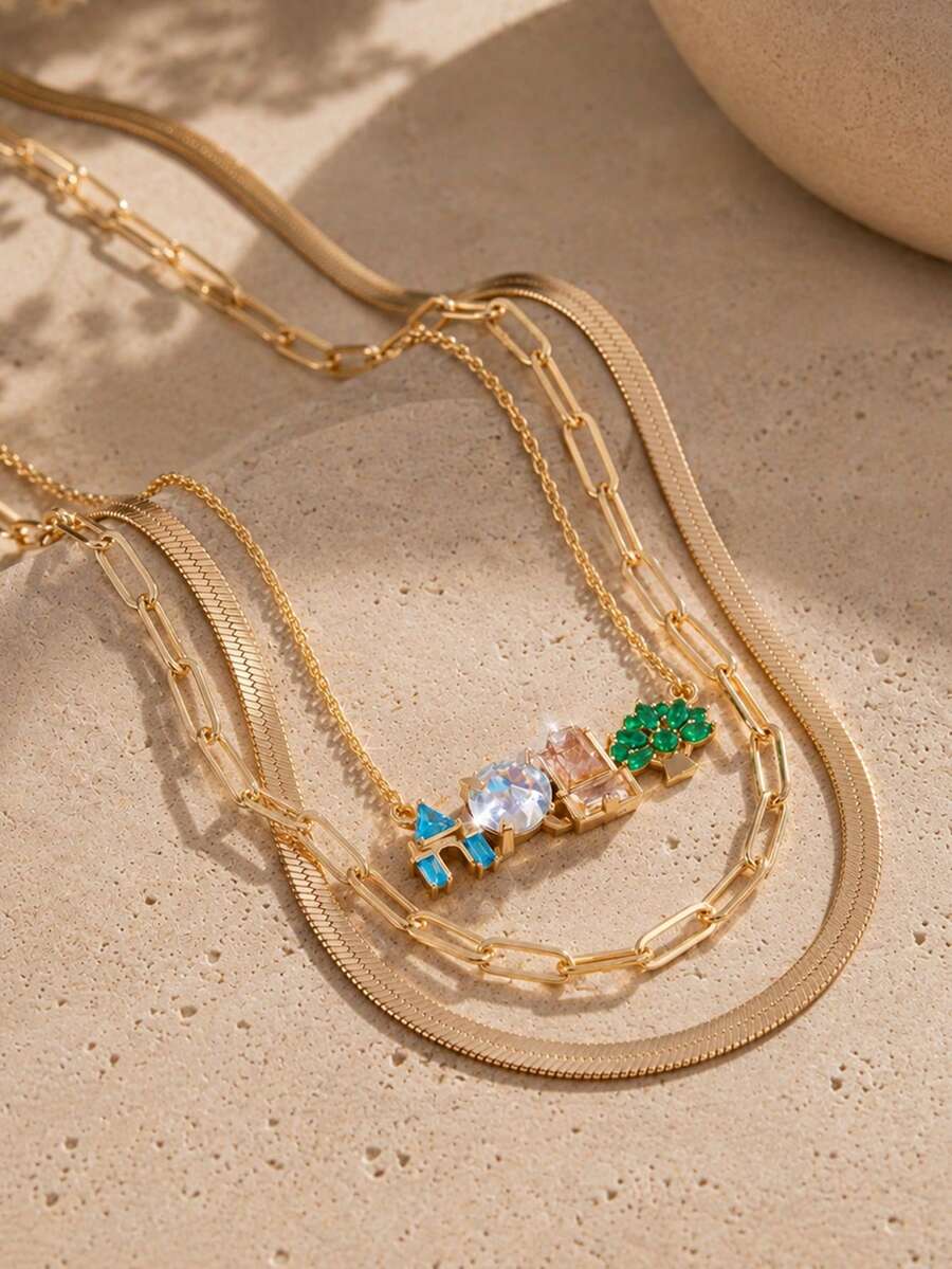 rakol 3pcs Cartoon Vintage Fairy Tale Style Snake Bone Paperclip Colorful Zirconia Castle & Big Tree Fun Landscape Women's Necklace Set, Layerable Necklaces - Set 1 - View 1