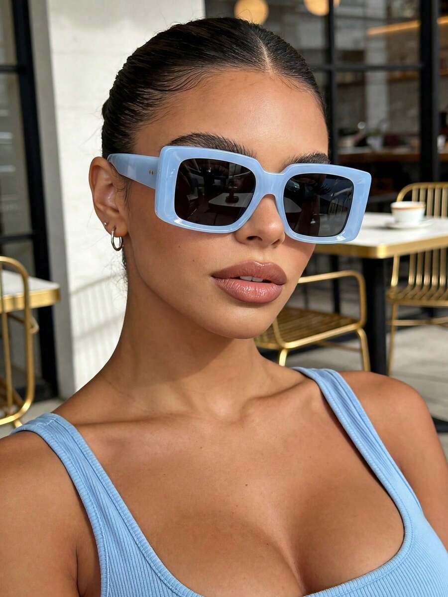 Vintage Square Rivet Fashion Glasses Jelly Color 2026 New Women's European & American Influencer Street Style - Blue - View 1