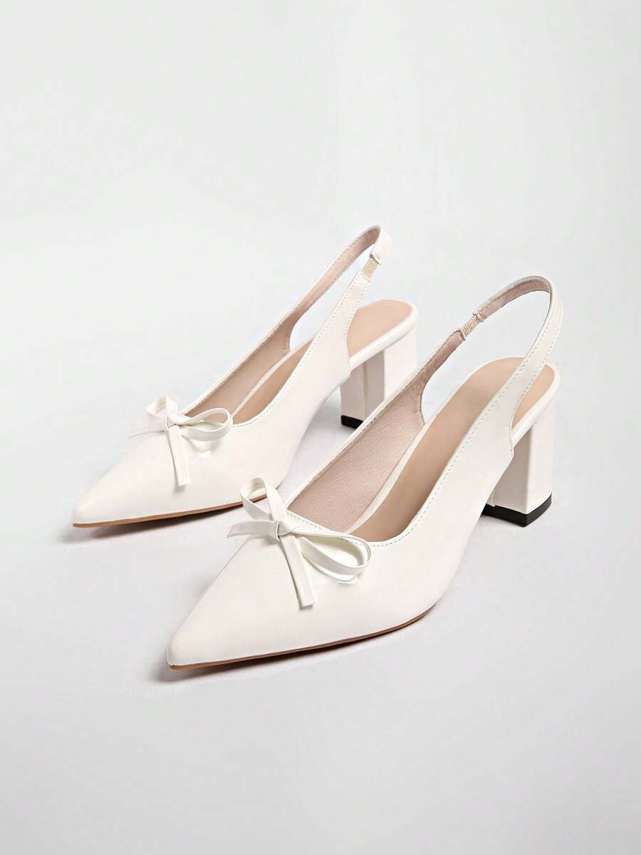Pointed Toe Slingback Chunky Heel Pumps, Plus Size Wide Fit Elegant Evening Shoes For Women - Off White - View 1