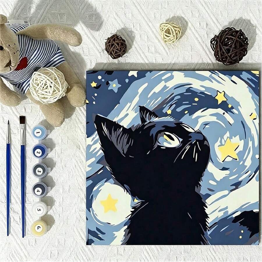 1pc Starry Sky Cat DIY Digital Oil Painting, Black Cat Hand-Painted Number Fill-In Decorative Painting With Inner Frame, Stress Relief Gift For Friends, Suitable For Holiday Parties - Sets - View 1