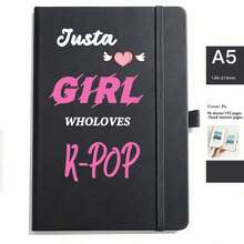 A5 Lined Notebook, Just A Girl Who Loves K-POP Journal, 96 Sheets 192 Pages PU Hardcover Writing Diary, Elastic Band Bookmark Notepad, Fans Gift - 1 PC Black - View 2