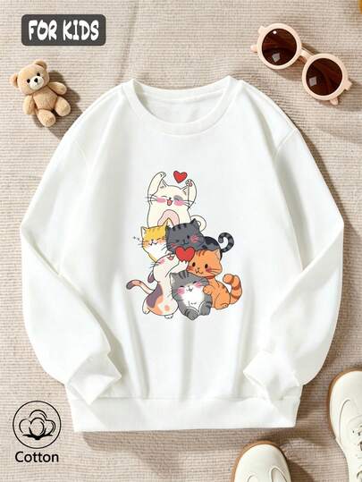 Cotton Girls Round Neck Pullover Sweatshirt, Autumn Winter Loose Long Sleeve T-Shirt With Cartoon Cat Print, Cute Sweet Schoolgirl Style