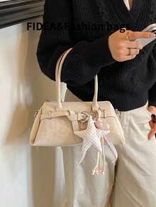 Women's Shoulder Underarm Bag, Solid Color PU Material With Leopard Print Element Design, Metal Shoulder Strap Decoration, Versatile Fashion, Comes With Personalized Star Pendant, Suitable For Travel, Shopping, Dating, Gift-Giving And Other Occasions - Beige - View 5