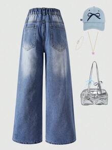 Tween Boy Casual Washed Distressed Wide Leg Denim Jeans - Dark Wash - View 2