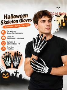 Gants de squelette d'Halloween noirs, gants de costume de fête, convenant pour Halloween et le déguisement - A - Voir 1
